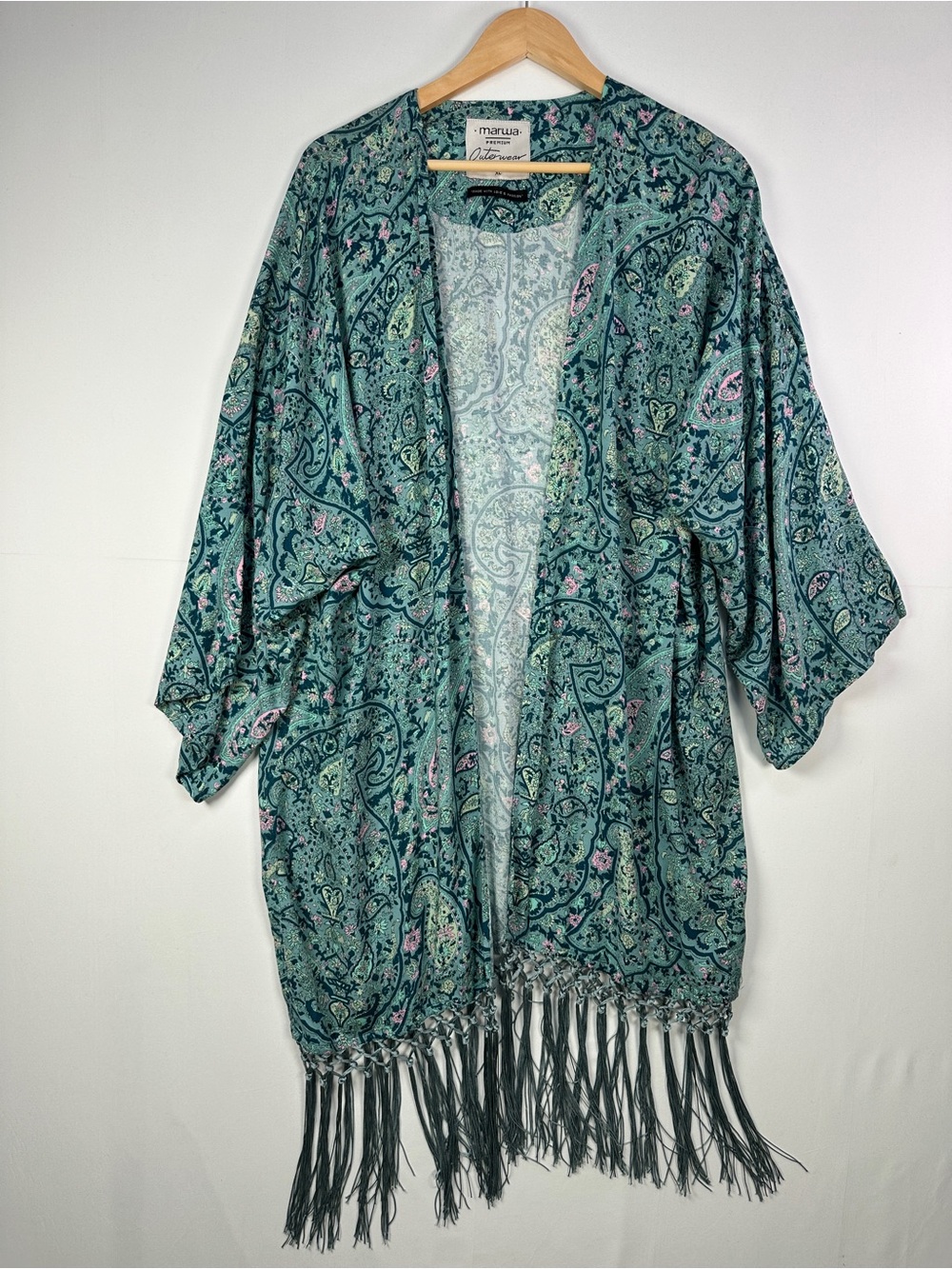 Marwa Paisley Fringe Kimono Cardigan Open Front Green Boho Festival Layer XL